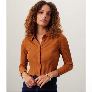 Rita Row Pike Ribbed Button Down Cropped Collar Brown Top Size Large